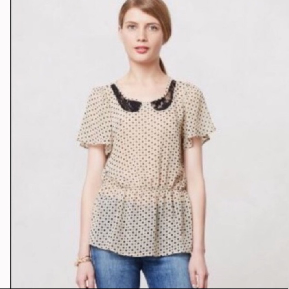Anthropologie B. Vintage Sheer polka dot peplum blouse